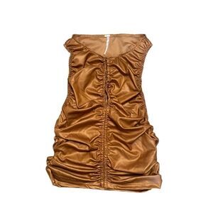 Free People Ruched Tank Top Toffee Caramel Satin Metallic Leather Western Chic